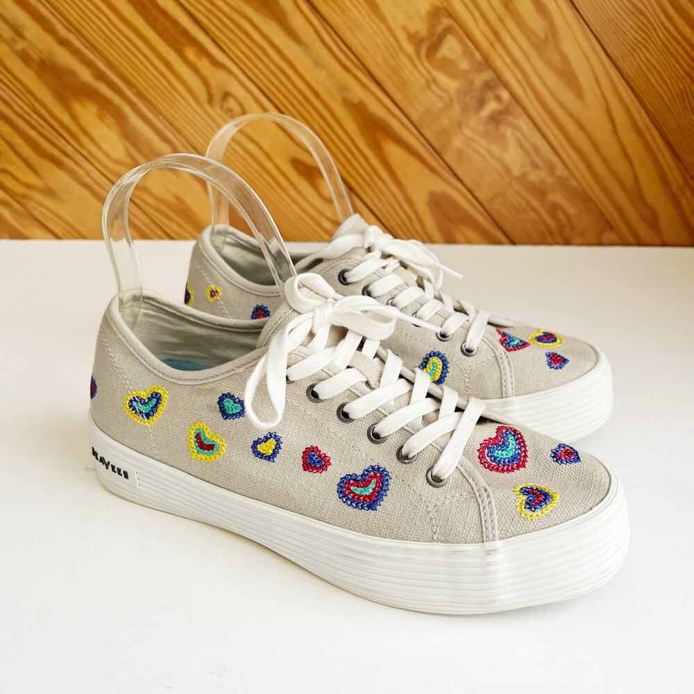 Seavees Monterey Platform Sneakers Rainbow Heart Embroidered Slub Linen 8.5